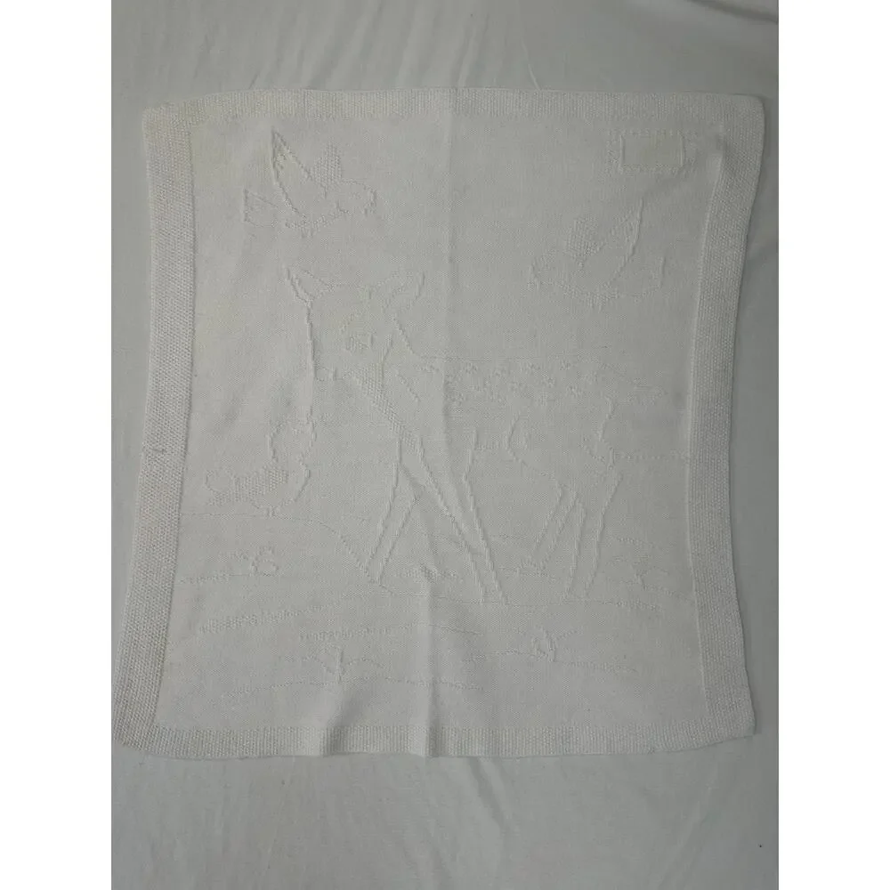 Vintage White Bambi Deer Bird Baby Knit Blanket 29